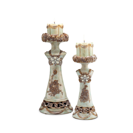 Set of 2 Beige And Brown Vintage Pillar Tabletop Candle Holders - Image 2