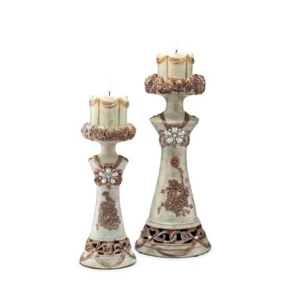 Set of 2 Beige And Brown Vintage Pillar Tabletop Candle Holders - Image 1