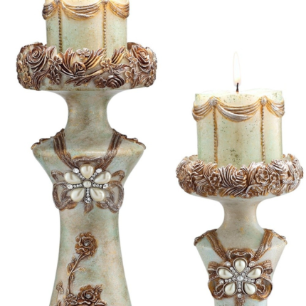 Set of 2 Beige And Brown Vintage Pillar Tabletop Candle Holders - Image 4