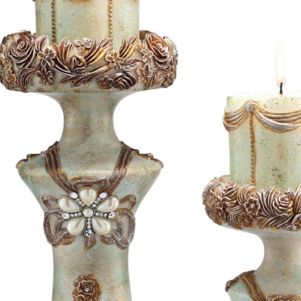 Set of 2 Beige And Brown Vintage Pillar Tabletop Candle Holders - Image 5