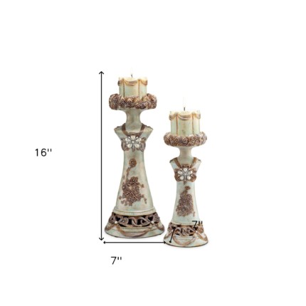 Set of 2 Beige And Brown Vintage Pillar Tabletop Candle Holders - Image 6