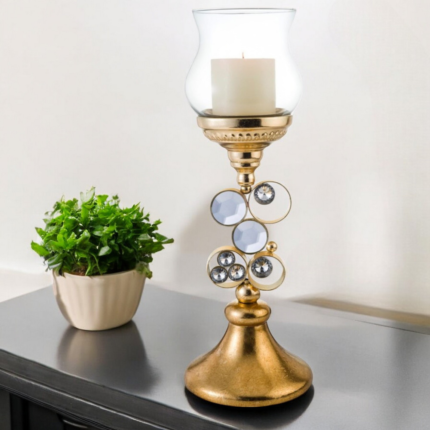 18" Gold and Faux Crystal Bling Tabletop Hurricane Candle Holder - Image 1