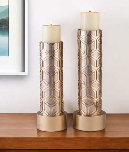 Set Of Two Gold Tabletop Pillar Candle Holders - Image 1