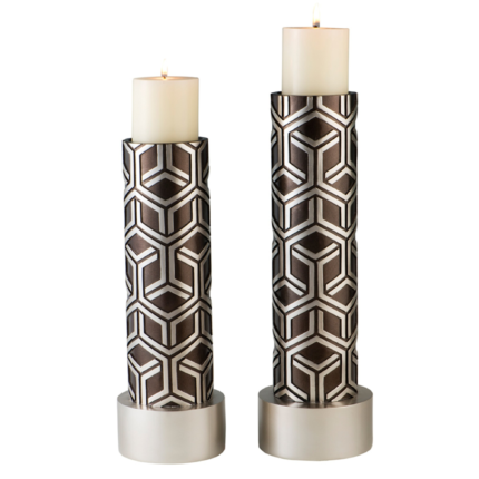 Set Of Two Espresso and Silver Pillar Tabletop Pillar Candle Holders - Image 3