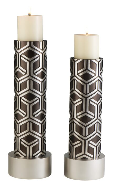 Set Of Two Espresso and Silver Pillar Tabletop Pillar Candle Holders - Image 4