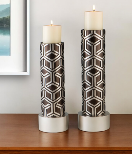 Set Of Two Espresso and Silver Pillar Tabletop Pillar Candle Holders - Image 1