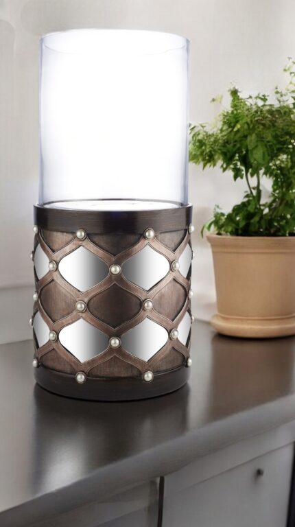 22" Bronze and Silver with Pearls Tabletop Hurricane Candle Holder - Image 1