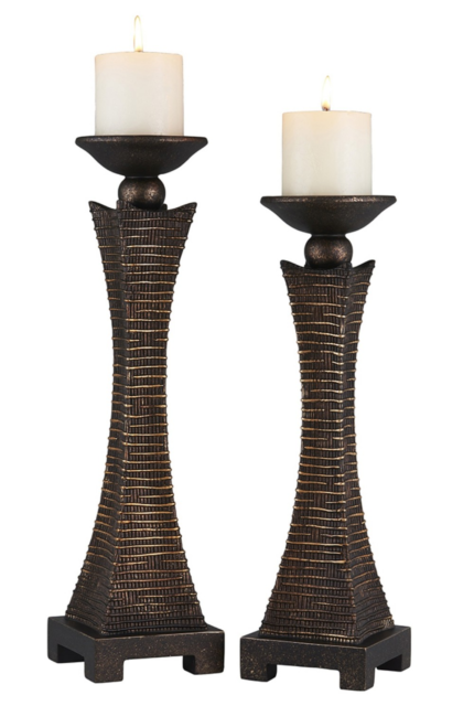 Set of Two Bronze Polyresin Woven Tabletop Pillar Candle Holders With Candle - Image 2
