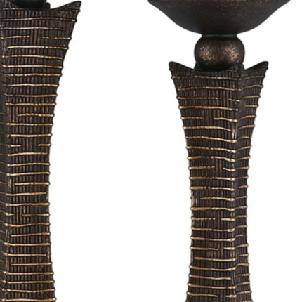 Set of Two Bronze Polyresin Woven Tabletop Pillar Candle Holders With Candle - Image 3
