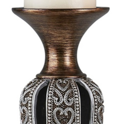 Set of Two Bronze and Silver Polyresin Hearts Centerpiece Pillar Candle Holders With Candle - Image 4