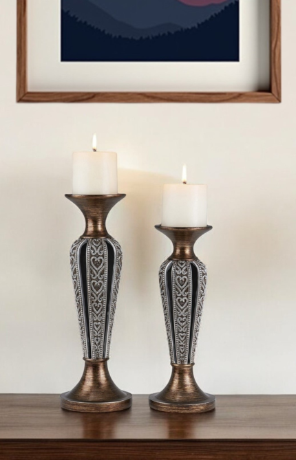 Set of Two Bronze and Silver Polyresin Hearts Centerpiece Pillar Candle Holders With Candle - Image 1