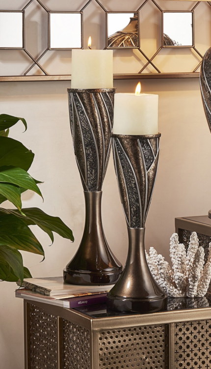Set of Two Black Silver and Bronze Polyresin Abstract Centerpiece Pillar Candle Holders With Candle - Image 8