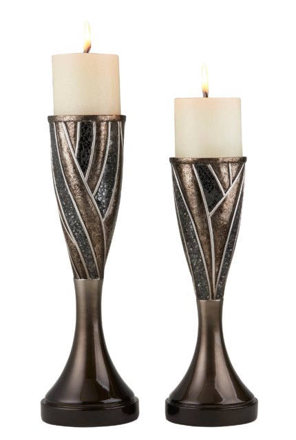 Set of Two Black Silver and Bronze Polyresin Abstract Centerpiece Pillar Candle Holders With Candle - Image 4