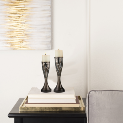 Set of Two Black Silver and Bronze Polyresin Abstract Centerpiece Pillar Candle Holders With Candle - Image 7