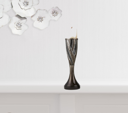Set of Two Black Silver and Bronze Polyresin Abstract Centerpiece Pillar Candle Holders With Candle - Image 1