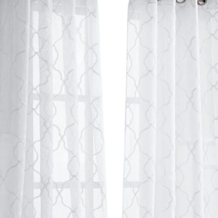 84â White Trellis Pattern Embroidered Window Curtain Panel - Image 3