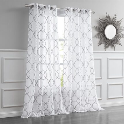 84â Silver Trellis Pattern Embroidered Window Curtain Panel - Image 5
