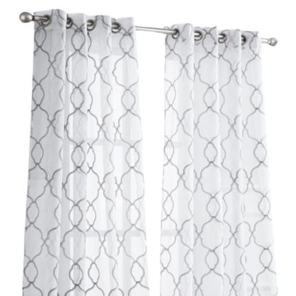 84â Silver Trellis Pattern Embroidered Window Curtain Panel - Image 4