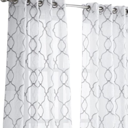 84â Silver Trellis Pattern Embroidered Window Curtain Panel - Image 3