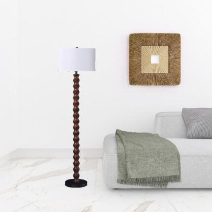 61" Brown And White Resin Floor Lamp With White Fabric Drum Shade - Image 3