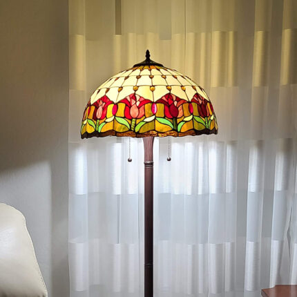62" Brown Two Light Traditional Shaped Floor Lamp With Red Flowers Stained Glass Dome Shade - Image 4