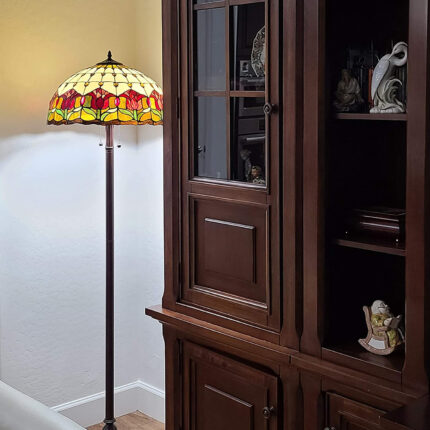 62" Brown Two Light Traditional Shaped Floor Lamp With Red Flowers Stained Glass Dome Shade - Image 5
