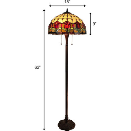 62" Brown Two Light Traditional Shaped Floor Lamp With Red Flowers Stained Glass Dome Shade - Image 7