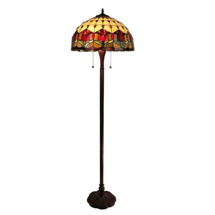 62" Brown Two Light Traditional Shaped Floor Lamp With Red Flowers Stained Glass Dome Shade - Image 1