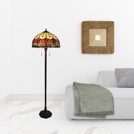 62" Brown Two Light Traditional Shaped Floor Lamp With Red Flowers Stained Glass Dome Shade - Image 2