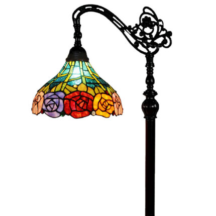 62" Brown Torchiere Floor Lamp With Blue and Yellow Flowers Glass Dome Shade - Image 7