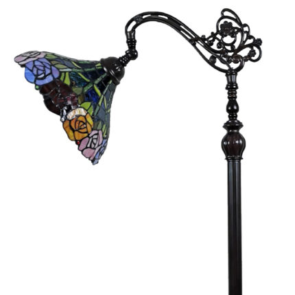 62" Brown Torchiere Floor Lamp With Blue and Yellow Flowers Glass Dome Shade - Image 9