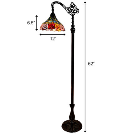 62" Brown Torchiere Floor Lamp With Blue and Yellow Flowers Glass Dome Shade - Image 11