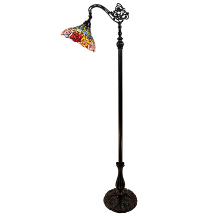 62" Brown Torchiere Floor Lamp With Blue and Yellow Flowers Glass Dome Shade - Image 4