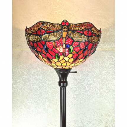 69" Black And Red Torchiere Floor Lamp With Red Dragonfly Glass Dome Shade - Image 7