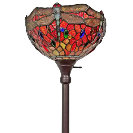 69" Black And Red Torchiere Floor Lamp With Red Dragonfly Glass Dome Shade - Image 4