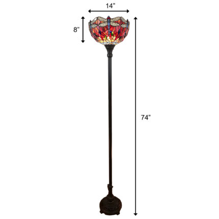69" Black And Red Torchiere Floor Lamp With Red Dragonfly Glass Dome Shade - Image 8