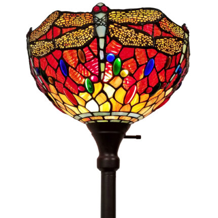 69" Black And Red Torchiere Floor Lamp With Red Dragonfly Glass Dome Shade - Image 3