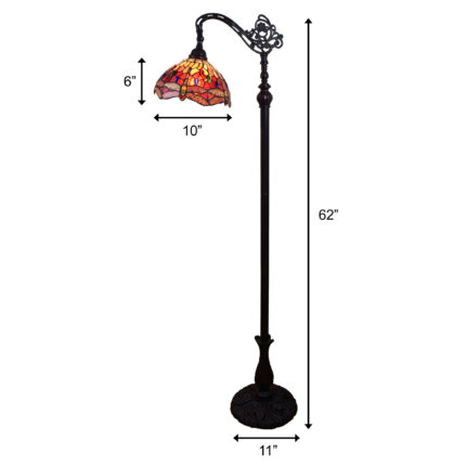 61" Black And Red Torchiere Floor Lamp With Red Dragonfly Glass Dome Shade - Image 7