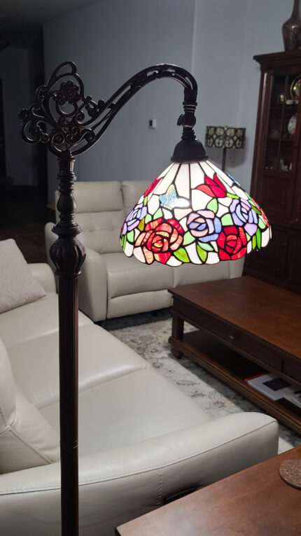 62" Espresso Metal Torchiere Floor Lamp With Green And White Flowers Glass Dome Shade - Image 6