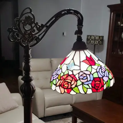 62" Espresso Metal Torchiere Floor Lamp With Green And White Flowers Glass Dome Shade - Image 7