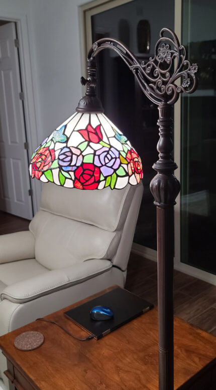 62" Espresso Metal Torchiere Floor Lamp With Green And White Flowers Glass Dome Shade - Image 8
