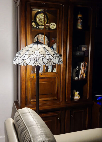 62" Dark Brown Two Light Torchiere Floor Lamp With White Fleur de Lis Glass Dome Shade - Image 9