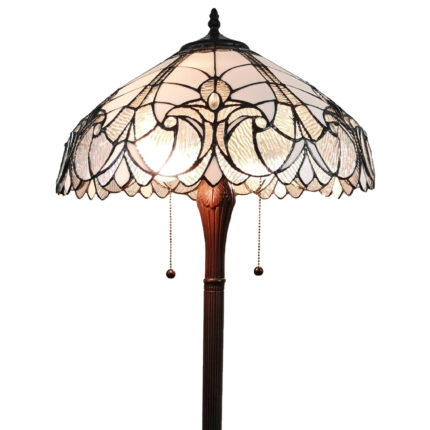 62" Dark Brown Two Light Torchiere Floor Lamp With White Fleur de Lis Glass Dome Shade - Image 5