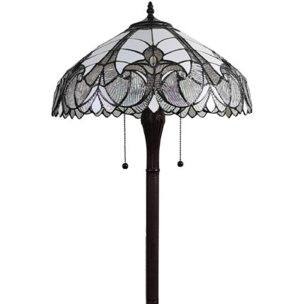 62" Dark Brown Two Light Torchiere Floor Lamp With White Fleur de Lis Glass Dome Shade - Image 6