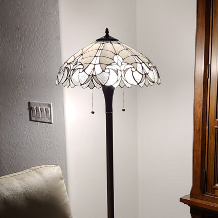 62" Dark Brown Two Light Torchiere Floor Lamp With White Fleur de Lis Glass Dome Shade - Image 8