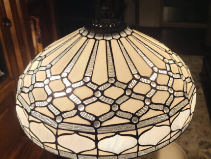 62" Brown And White Two Light Torchiere Floor Lamp With White Geometric Glass Dome Shade - Image 5
