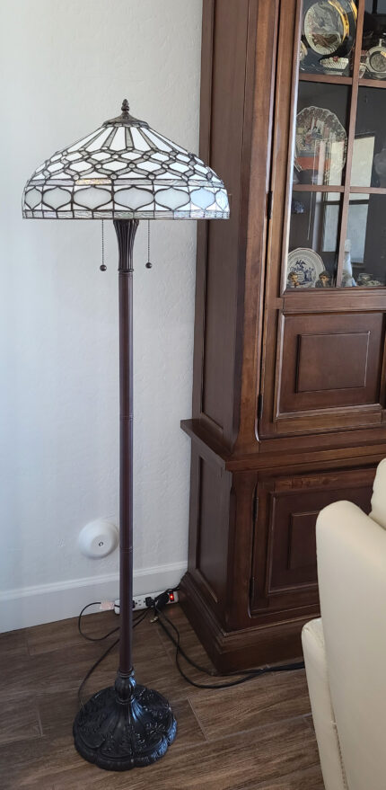 62" Brown And White Two Light Torchiere Floor Lamp With White Geometric Glass Dome Shade - Image 8