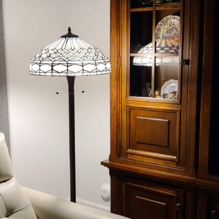 62" Brown And White Two Light Torchiere Floor Lamp With White Geometric Glass Dome Shade - Image 6