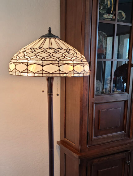62" Brown And White Two Light Torchiere Floor Lamp With White Geometric Glass Dome Shade - Image 7