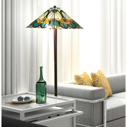 62" Espresso Two Light Torchiere Floor Lamp With Blue Flowers Glass Cone Shade - Image 5